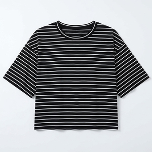 Camiseta Corta a Rayas para Mujer, Blusa Holgada con Hombros Caídos, Estampado de Cebra, Rayas Horizontales en Blanco y Negro, Venta al por Mayor - Product Image 1