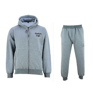 Ensemble de jogging pour homme en molleton de coton 2 pièces avec logo personnalisé, sweat à capuche zippé et pantalon de jogging, coupe ajustée décontractée - Product Image 1