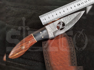 Couteau de chasse OEM Wirecut en acier Damas, lame fixe, manche en bois, couteau de camping et d'extérieur EDC avec étui en cuir - Product Image 4