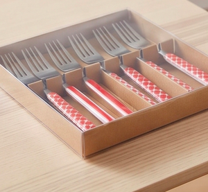 Ensemble de 6 fourchettes en acier inoxydable avec manches à motifs rouges, compatibles lave-vaisselle, design rétro, couverts pour les fêtes - Product Image 6