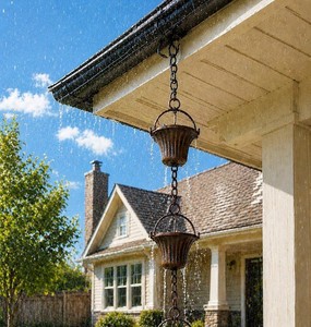 Chaîne de pluie artisanale en cuivre plaqué pour gouttière, alternative décorative à la gouttière en acier, décoration extérieure pour jardin, patio, cour, élément aquatique - Product Image 1