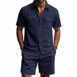 Ensemble décontracté rayé bleu clair pour homme, tenue d'été décontractée, coton tissé respirant, costume deux pièces - Product Image 3