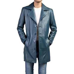 <b>Men's</b> Genuine Leather <b>Long</b> Trench <b>Coat</b> Notched Lapel Single Breasted Regular Sleeve Outerwear - Product Image 1