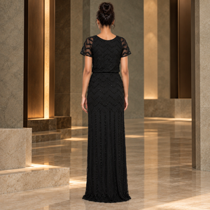 <b>Black</b> Chevron Embellished Evening Gown with Sheer Short Sleeves | <b>Floor</b> <b>Length</b> Formal Party <b>Dress</b> with Elegant High Front Slit - Product Image 2