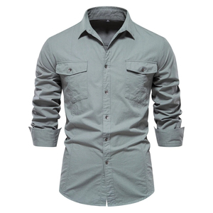 เสื้อเชิ้ตแขนยาวผู้ชายสีพื้น ผ้าฝ้าย 100% ระบายอากาศได้ดี ปกคอพับ แขนยาวเต็มตัว สไตล์ฤดูใบไม้ร่วง - Product Image 4