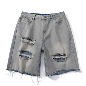 Men's High Waist <b>Denim</b> Bermuda Shorts Solid Color Cotton Ripped Design Casual Style Woven <b>Material</b> Button Fly - Product Image 3