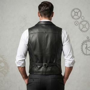 Gilet de motard en cuir véritable pour homme, double boutonnage, col rabattu, avec poches zippées, noir - Product Image 4