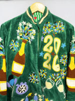 Blouson Bomber en Velours Vert, Broderie Épaisse, Tissé Uni, Fermeture Éclair, Col Montant, Vêtement d'Hiver, 100% Polyester, 1000g