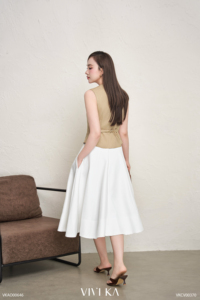 Jupe midi trapèze blanche taille haute pour femme, élégante, en polyester tissé, idéale pour le bureau - RYAN - Product Image 3
