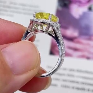 Trendy 4ct Fancy Yellow <b>Cushion</b> Lab Grown Diamond Minimalist Halo Split Shank 14K White Gold Engagement <b>Ring</b> IGI Certified - Product Image 2