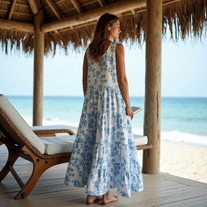 Vestido bohemio Maxi con cuello redondo de alta calidad, algodón con estampado de vid azul blanco para ropa de exterior de chica joven, estilo informal - Product Image 1