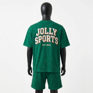เสื้อยืดแขนสั้นผ้าคอตตอนเจอร์ซีย์ 200 GSM สีเขียวเข้ม ชุดเซ็ตผ้าเนื้อนุ่มระบายอากาศดี พิมพ์ลายสกรีนโลโก้ตามสั่ง ชุดเซ็ตวิ่งออกกำลังกายสำหรับผู้ชาย - Product Image 6