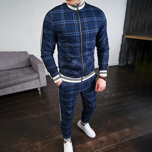 New Fashion Men's Check Print Sublimated Bomber <b>Jacket</b> Tracksuit Zip Enclosure Ribbed Hem & Cuffs Stripe Zipper Sweat Suit - Product Image 3