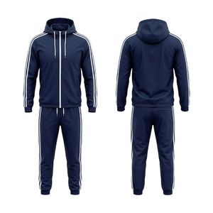 Ensemble de survêtement d'entraînement à capuche zippé en polyester bleu marine, ensemble de vêtements de sport respirant en polyester de couleur unie - Product Image 1