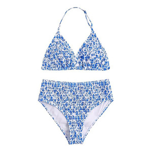 Conjunto de bikini halter estampado naranja y blanco para mujer, traje de baño de dos piezas de cintura alta, ropa de playa elástica fruncida, top triangular, bañador - Product Image 4
