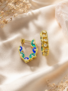 งานฝังเมนาคารีแก้วสีน้ำเงินเขียวเคลือบทองคำ 18K พร้อมแก้วเลียนแบบโปลกี |   เครื่องประดับราชวงศ์อินเดีย จาอิปุร์ - Product Image 3