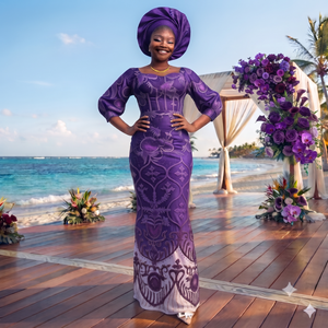 Vestido de Encaje George con Bordado Borgoña |   Vestido Maxi Tradicional Africano de Lujo para Mujer, para Bodas y Fiestas - Product Image 4