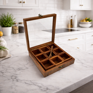 Caja de especias de madera hecha a mano |   Masala Dabba de Madera de Palisandro de la India |   Organizador de Cocina con Tapa y Juego de Cucharas, Contenedor Tradicional - Product Image 2