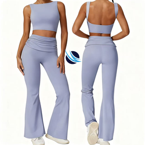 Custom Women's Yoga Set Halter Neck Sports Bra Top with High Waist <b>Flared</b> <b>Leggings</b> Seamless Fitness Gym Wear OEM ODM Active - Product Image 5