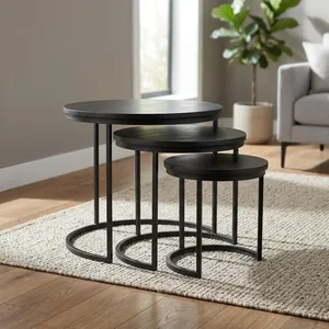 Modern Nesting <b>Side</b> <b>Tables</b> Wood Top Metal Frame Minimalist Design Living Room Furniture Wooden Iron nesting <b>set</b> - Product Image 5