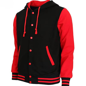Black Red Hooded Varsity <b>Jacket</b> Fleece Snap Button College Style Men's Casual Outerwear Autumn Wear - Product Image 5