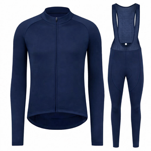 Conjunto de ciclismo térmico de manga larga para hombre, kit de ciclismo de carreras transpirable, pantalones con tirantes, ropa de ciclismo azul marino. - Product Image 1
