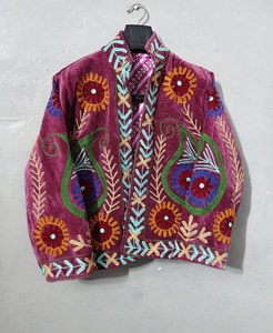 Indian Artisan Statement Outwear Handmade Luxurious <b>Velvet</b> Suzani Jacket Modern Bohemian Style Bold Floral Embroidered <b>Coat</b> - Product Image 2