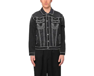 Men's Black <b>Denim</b> <b>Jacket</b> With White Stitching Turn-down Collar Casual Style Single Breasted Regular Fit Autumn Wear - Product Image 3