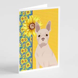 Summer Sunflowers White Boston Terrier Greeting Cards Pack 8 A7 Size <b>5x7</b> Whimsical Blank Note Cards <b>Envelopes</b> - Product Image 1