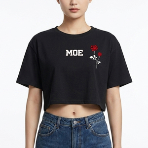 Women's Shirts Crop <b>Top</b> Rose Graphic Embroidered Black T-Shirt Short Sleeve Cotton Tee Slim Fit O-Neck Summer Casual Streetwear - Product Image 1