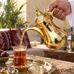 Premium Hammered Gold Brass Arabic Coffee Pot Dallah Long Spout Traditional Bedouin Tea <b>Kettle</b> Commercial Grade Drinkware Factor - Product Image 4
