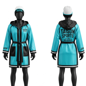 Bata de Boxeo para Mujer, 220 GSM, Poliéster Satinado Premium, Color Verde Azulado y Negro, con Capucha, Paneles en Contraste, Logotipo Personalizado - Product Image 1