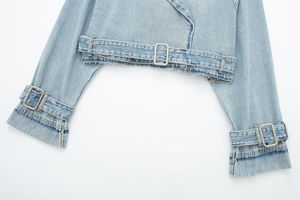Women's <b>Cropped</b> <b>Denim</b> <b>Jacket</b> Long Sleeve Belted Crop Top Stone washed Cotton Casual Autumn Style <b>Jacket</b> For Women's - Product Image 5
