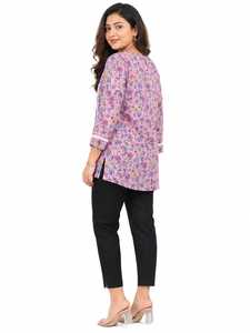 Leranath Fashion Floral Print Indian Peplum Top Square Neck <b>Three</b> Quarter Sleeve Embroidered Border Cotton Recycled Materials - Product Image 2