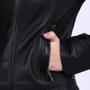 Women's High Quality Mid Length Leather Jacket Bomber for Autumn Winter Plain Dyed with Solid Pattern - Product Image 3