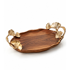 Plateau de service en bois luxueux fait main avec poignées en feuille d'or antique, plateau décoratif classique en bois de manguier pour table basse - Product Image 3