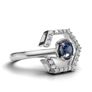 Bague de fiançailles de luxe en or blanc/jaune et rose 18 carats avec saphir bleu rond et halo ouvert, vente en gros - Product Image 3