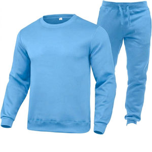 Conjunto Deportivo Unisex Azul Claro, Sudadera de Cuello Redondo, Pantalones Largos, Color Sólido, 100% Algodón, Ropa Casual, Estilo Otoñal - Product Image 1
