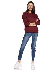 Sweat-shirt à col rond pour femme, couleur bordeaux, manches longues, 100% coton, tricoté, décontracté, couleur unie, respirant, coupe classique, automne - Product Image 1