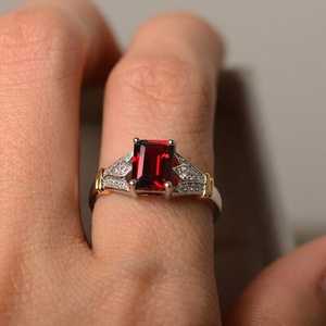 Royal Saga Vintage 2Ct Red Garnet <b>Emerald</b> Cut Moissanite Gemstone <b>Ring</b> 925 Fine <b>Silver</b> Original Customizable Engagement <b>Ring</b> - Product Image 1