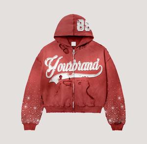 Sudadera con capucha y cremallera Yourbrand para hombre, estilo oversize, streetwear, estampado serigrafiado, efecto desgastado con pedrería, algodón, felpa francesa. - Product Image 5