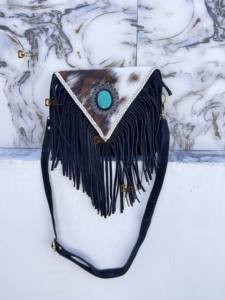 กระเป๋าสะพายข้างหนังวัวแท้ประดับพู่หนัง รุ่นใหม่ล่าสุด ปี 2026 สไตล์โบฮีเมียน ประดับด้วยหินสีฟ้าคราม กระเป๋าถือสุดเก๋ ขายดี กระเป๋าใบเล็ก - Product Image 4