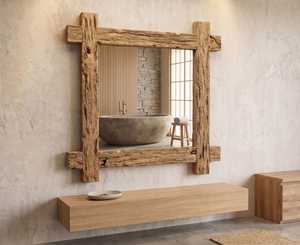 Rustic Reclaimed Solid Wood Wall <b>Mirror</b> Rough Bark Textured Beam Frame Metal Stud Corner Accent Bathroom Vanity Decor Artwork HD - Product Image 2