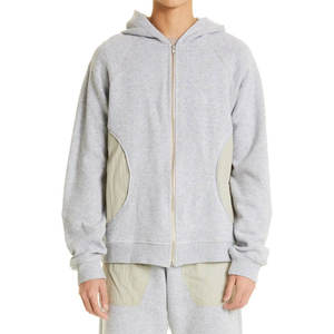 Men's Gray Hooded <b>Zipper</b> <b>Sweatshirt</b> Regular Fit Patchwork Design Casual French Terry 100% Cotton Autumn Wear - Product Image 1