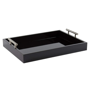 Plateau de service rectangulaire moderne en bois laqué noir de luxe avec poignées métalliques, plateau de table basse ottoman, organisateur décoratif - Product Image 2
