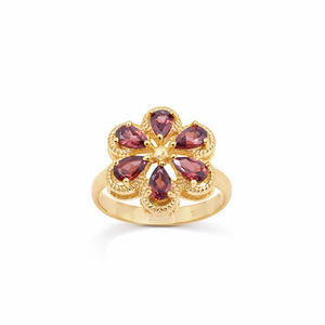Anillo de Plata de Ley 925 con Granate en Forma de Flor, Diseño de Borde de Cuerda con Gema en Forma de Pera, Chapado en Oro de 1 Micrón y Rodio, Anillo de Diseñador - Product Image 2
