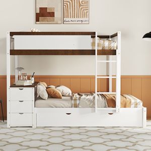 Lits superposés pour enfants blancs et noyer, double sur double, avec lit gigogne simple et bureau de rangement - Product Image 2
