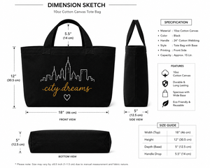 กระเป๋าผ้าแคนวาสสีดำ City Dreams ขนาด 18x12x5 นิ้ว ทนทาน พิมพ์ลายเส้นขอบฟ้าเมือง ปิดแบบปรับแต่งได้ ฐานกว้าง พร้อมสำหรับการเดินทาง - Product Image 2