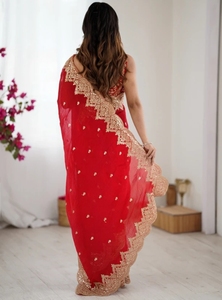 KV Women's Embroidered Embellished Bollywood Designer Chiffon Saree With Unstitched <b>Blouse</b> (<b>Red</b>) - Product Image 3