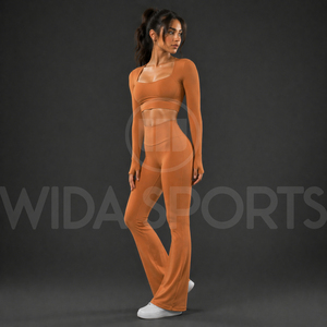 Premium Eco-Friendly Solid Flare Yoga <b>Set</b> Women High Waist Leggings Long Sleeve Crop Top Breathable Stretch Fitness Gym Outfit - Product Image 3